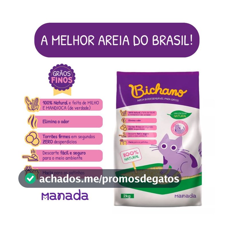 Areia Biodegradável Bichano Para Gatos Cat Grãos Finos 2kg Bio Milho e Mandioca Grão Fino Manada