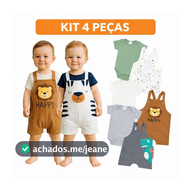Kit 4 Peças Conjunto Jardineira Menino Manga Curta Sortido Roupa de Bebê Verão