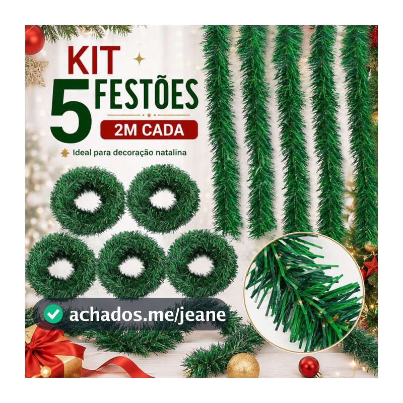 Festão Decoração De Natal Realista 10 Metros Cheio Grosso e Flexível Verde Varal Natalino 05 Peças 2m x 9cm