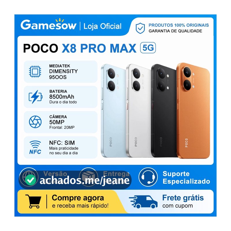 Xiaomi Poco X8 Pro Max 5G, Processador MediaTek Dimensity 9500s, Bateria 8500 mAh, Versão Global, 256GB + 12GB RAM
