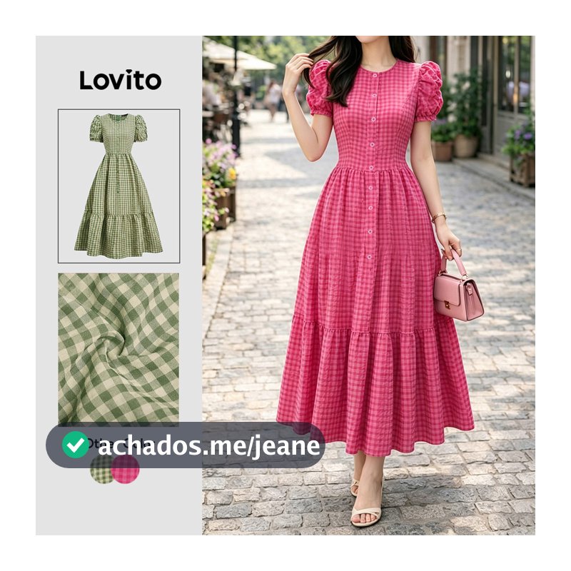 Lovito Padrão de Vestido Casual com Botão Primavera/verão Vestido Rosa Vermelho para mulheres L196ED128