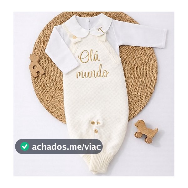Jardineira Macacão Tricot Personalizado Olá Mundo Body