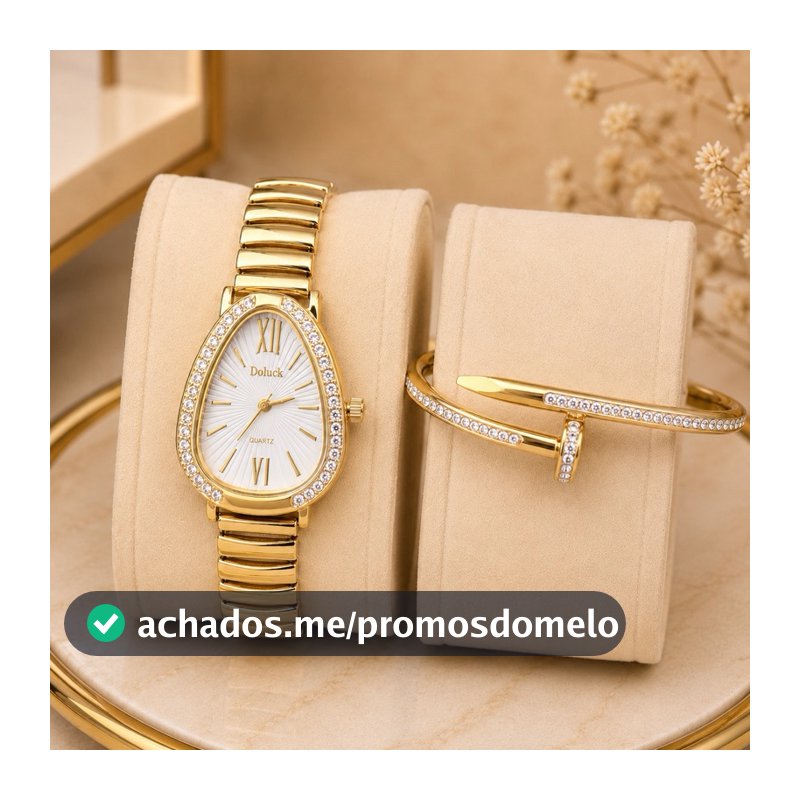 Kit Conjunto Relógio Feminino Gota Serpenti Dourado Ajustável Bracelete em Aço Inoxidável ou Pulseira Strass