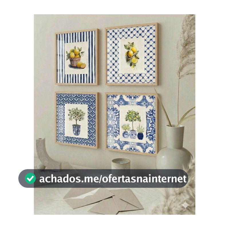 Kit 4 Quadros - Limão Siciliano  Moldura e Vidro Cozinha 30X30