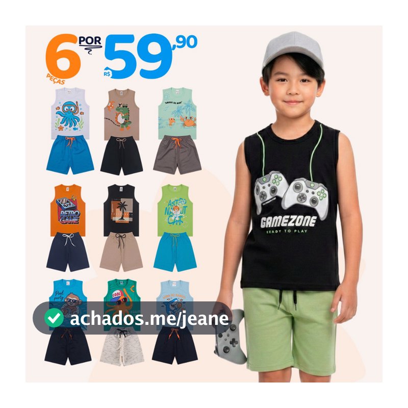 Kit 6 Peças de Conjunto Regata para Meninos - 3 Regatas e 3 Bermudas, Tamanhos Disponíveis de 1 a 10