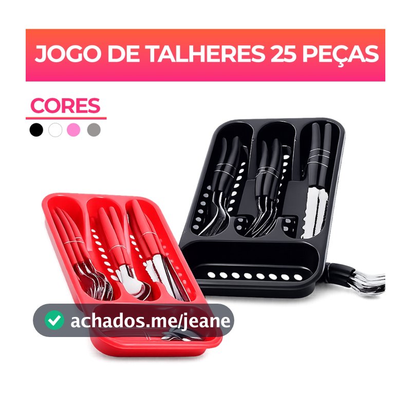 Jogo De Talheres inox Faqueiro Porta Talher Com 25 Peças Preto Branco E Rosa