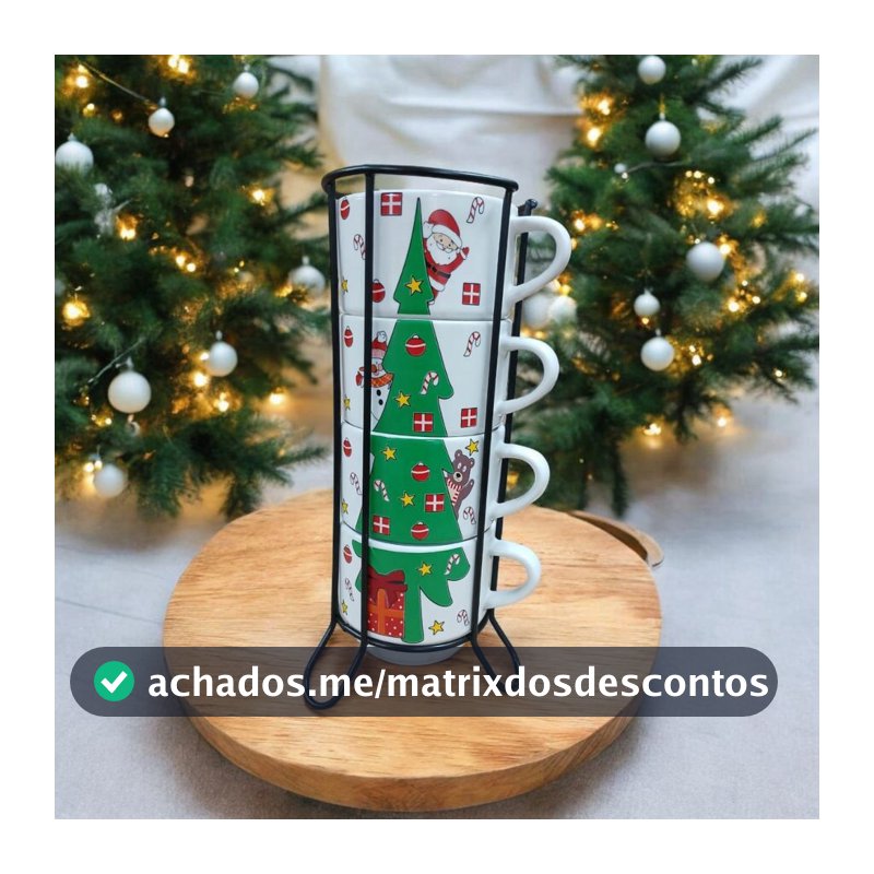 Jogo De 4 Xicaras 210ml Café Chá Porcelana Arvore de Natal Com Suporte de Metal