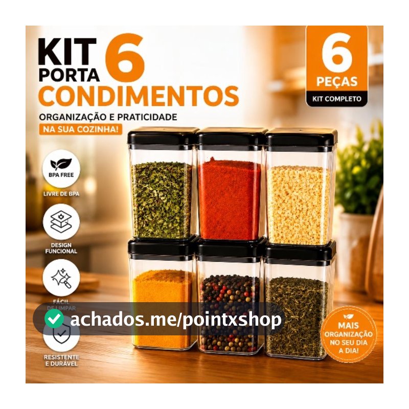Kit 6 Potes Porta Temperos 200ml Organizador de Cozinha Porta Condimentos Mantimentos Plástico Hermético BPA Free