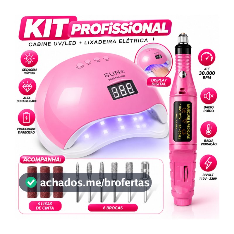 Kit Lixadeira Elétrica Motor Caneta + Cabine Estufa de Unhas 48W Sun 5 UV LED Manicure Profissional