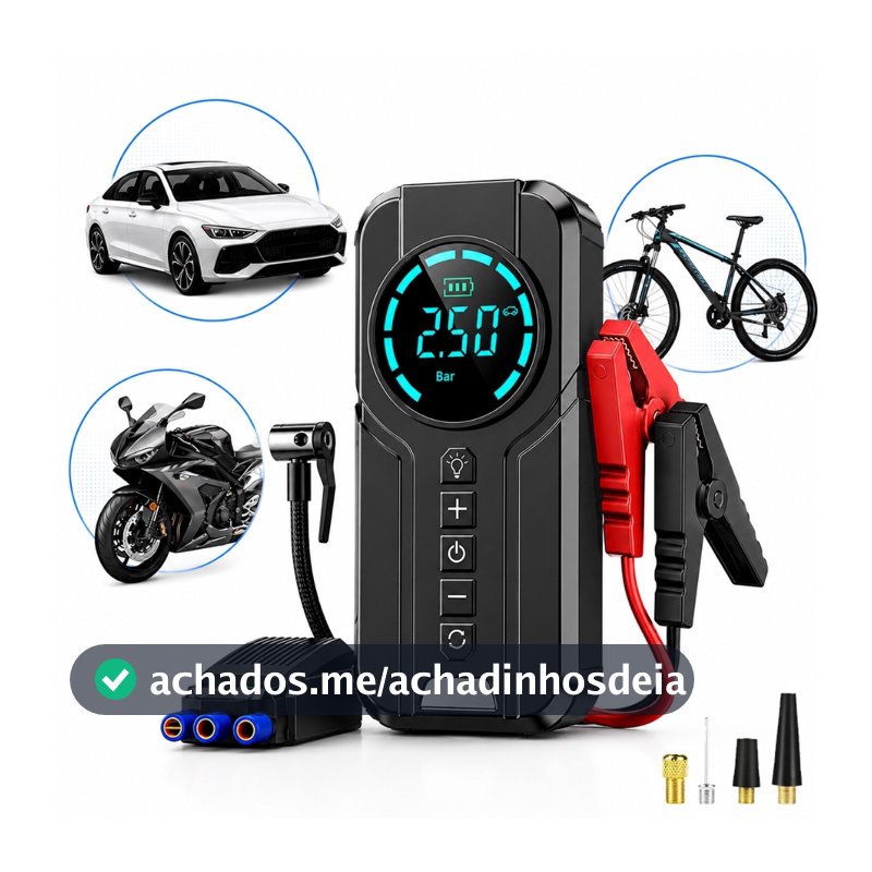 Auxiliar de Partida Carregador Bateria Com Compressor de Ar Emergência Portátil Veicular Automotivo