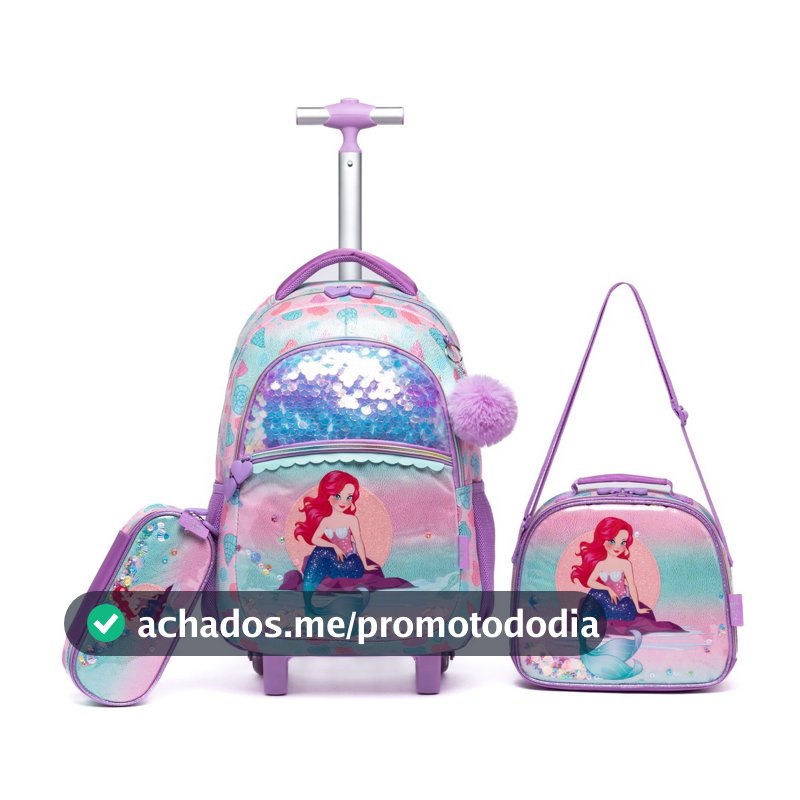 Kit Mochila Lancheira Estojo Infantil Menina Rodinha Espaçosa Lilás