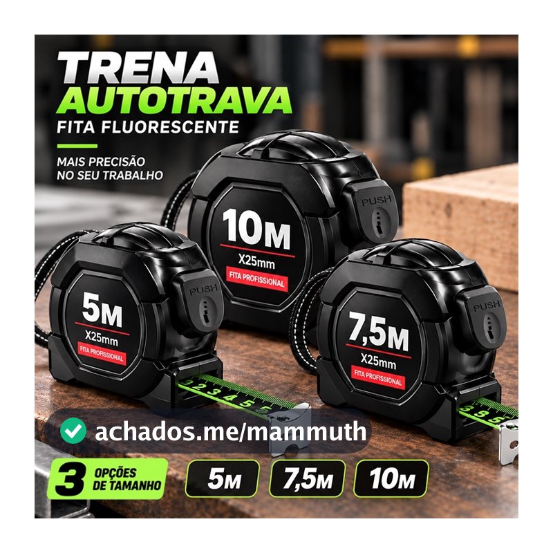 Trena Profissional Autotrava 5m 7,5m 10m Fita Fluorescente 25mm para Medição