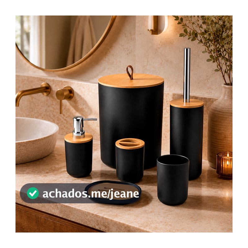 Kit 6 Peças Banheiro Lavabo Conjunto Acessórios lixeira escova Bambu Luxo Preto/Branco