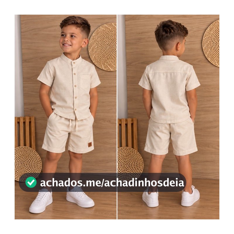 Conjunto Infantil Mauricinho Masculino Menino Camisa Social Manga Curta Bermuda Linho