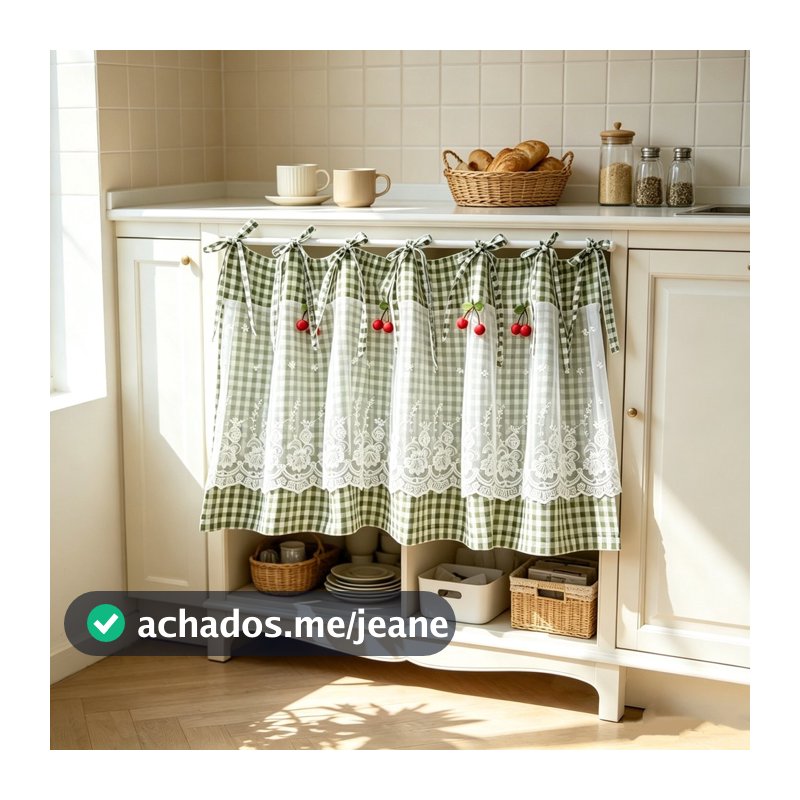 Cortina Curta Xadrez De Búfalo Verde Para Cozinha , De Forno De Camada Dupla Com Gravata Cereja , Cobertura De Janela De