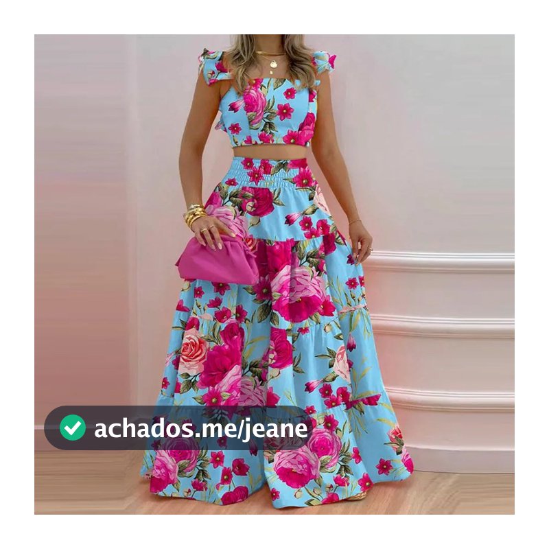 Conjunto feminino  Sem Mangas Ruffled Cropped Boho Floral Estampa Color lisa Elastic Cintura Saia Longa Moda Duas Peças