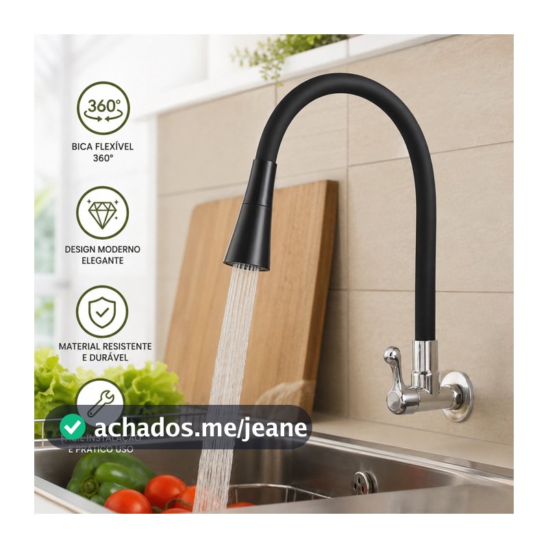Torneira cozinha parede preta flexível Duplo Jato Cone 1/4 de Volta - Rotação 360°, Instalação na Parede