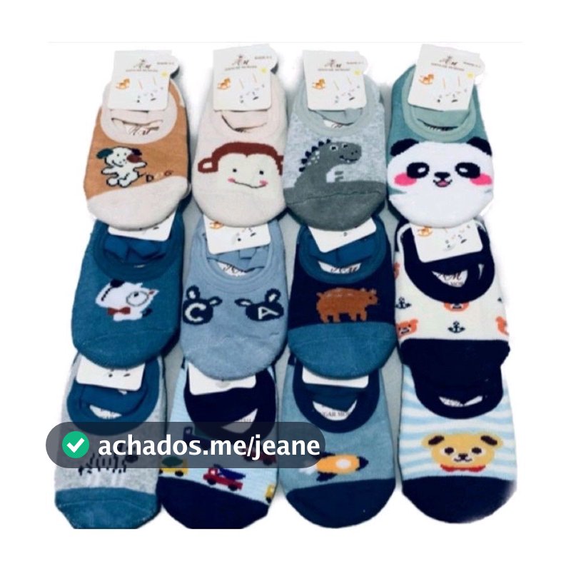 kit 5 pares Meia Sapatilha Antiderrapante Infantil e Bebê em Algodão menina e menino estampas varidas