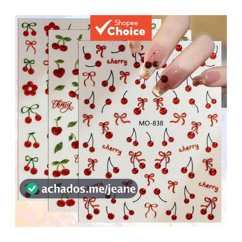 3/6/12 Folhas Adesivos de Unha 5D com Laço de Cereja, Autoadesivos, Cereja Vermelha, Fofos Decalques de Frutas para Nail