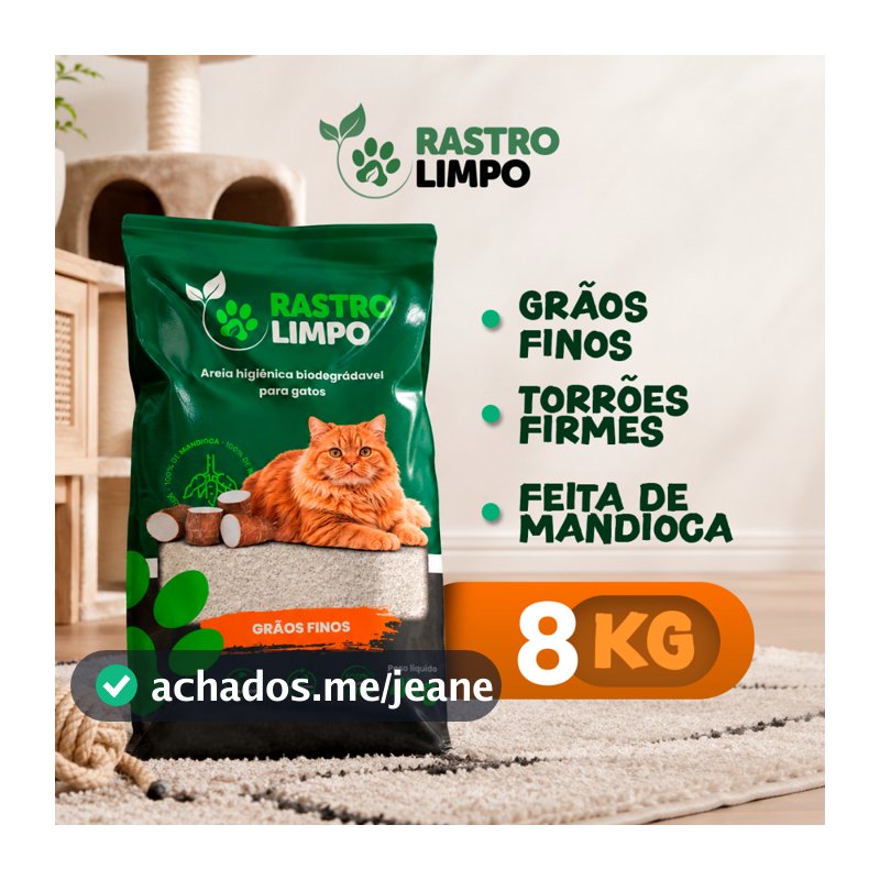 Areia 8kg Biodegradável Gato Grãos FINOS Rastro Limpo Mandioca Torrão Firme Sem Poeira Higiênica