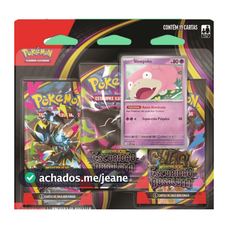 Figurinhas Pokémon Megaevolução Escuridão Absoluta com 3 blísteres de 6 cartas cada + 1 Slowpoke