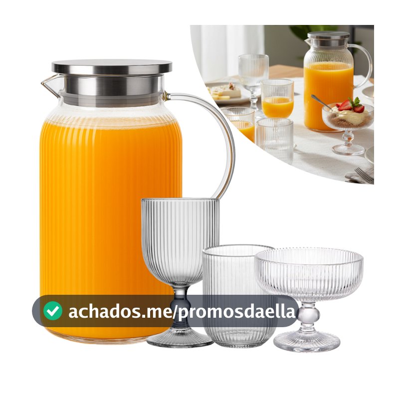 Conjunto Jogo 6 Taças Canelada 380ml Jarra Borossilicato 1,5l Vidro Listrada Sobremesa Buffet Bar Restaurante