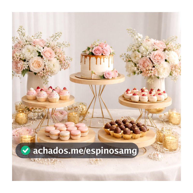 Kit Boleiras Decorativas Madeira com Base Dourada Suporte para Doces Festa Luxo Mesa Posta Aniversario