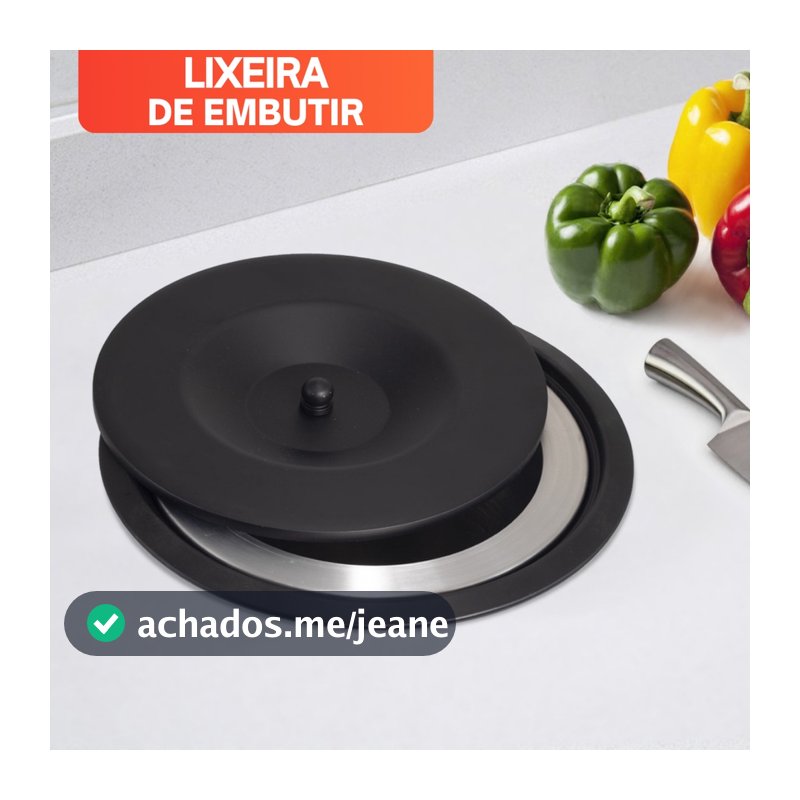 Lixeira de Embutir Pia Cozinha Granito Inox 3 litros 5 litros e 8 litros Inox Tampa Preta.