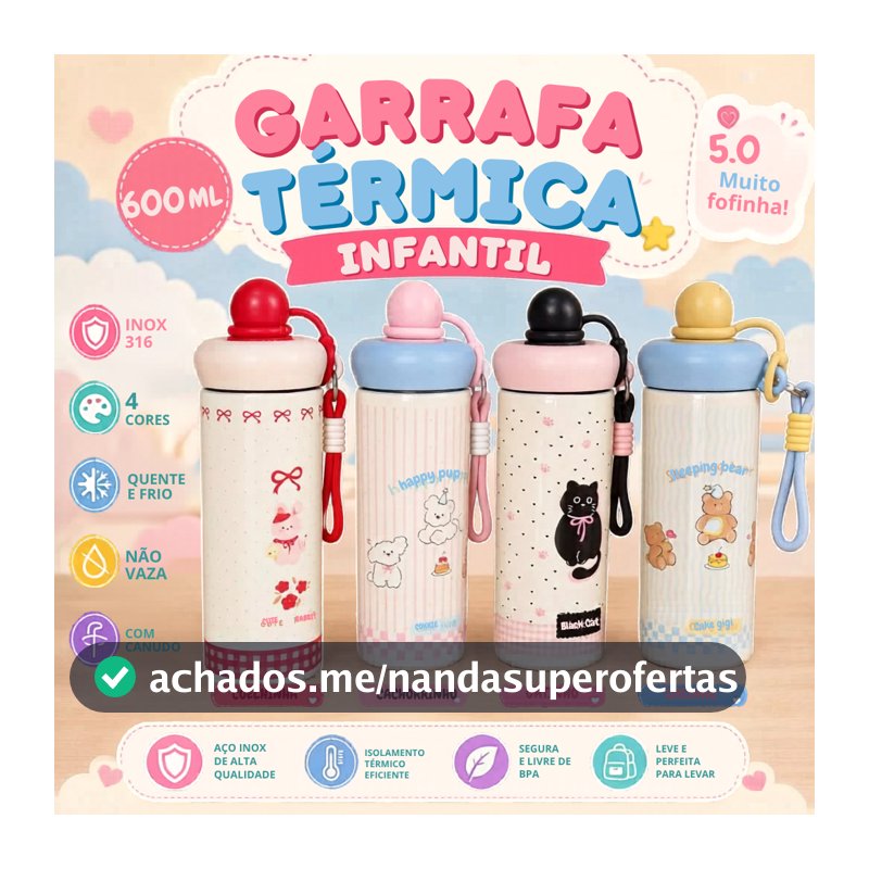 Garrafa Térmica Inox 500ml Kawaii Antivazamento com Canudo Alça e Abridor