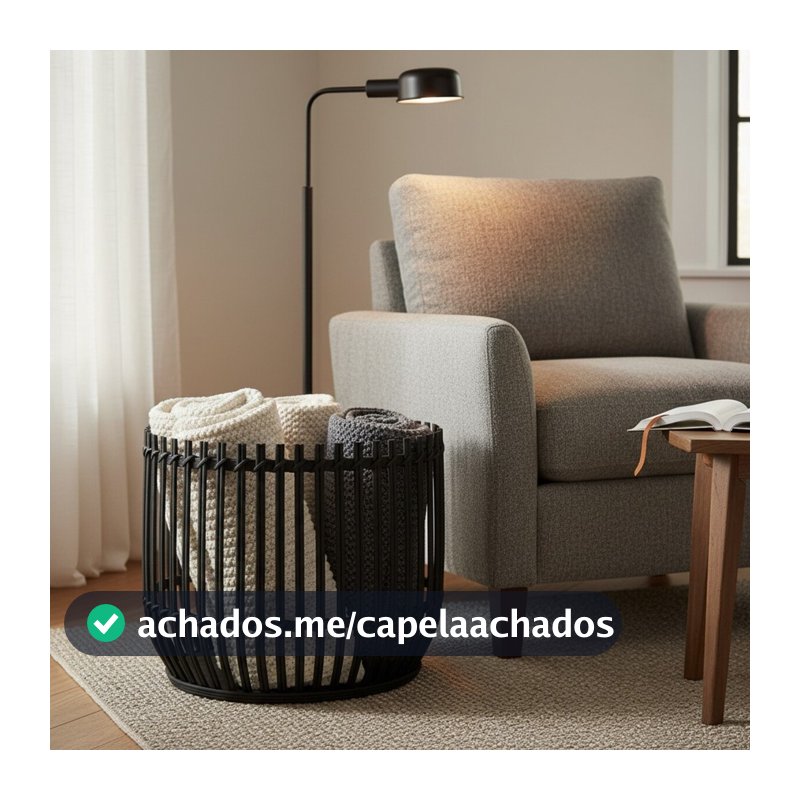 Cesto Rattan Preto Grande Vazado para Mantas Toalhas e Roupas 46cm