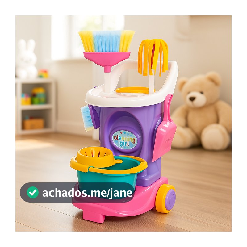 Carrinho Limpeza Infantil Rosa Brinquedo Menina Kit Faxina Completo Vassoura Rodo Balde Mop Casinha