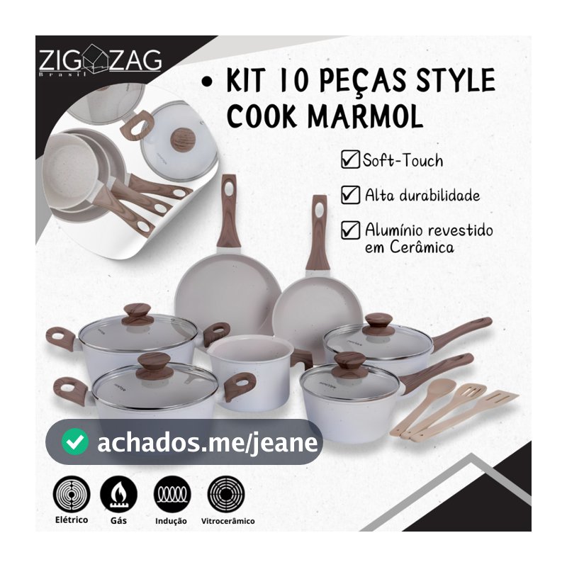 Kit de 10 Peças, Panelas Style Cook Marmol de Cerâmica Antiaderente | Para Fogão a Gás, Indução e Vitrocerâmico