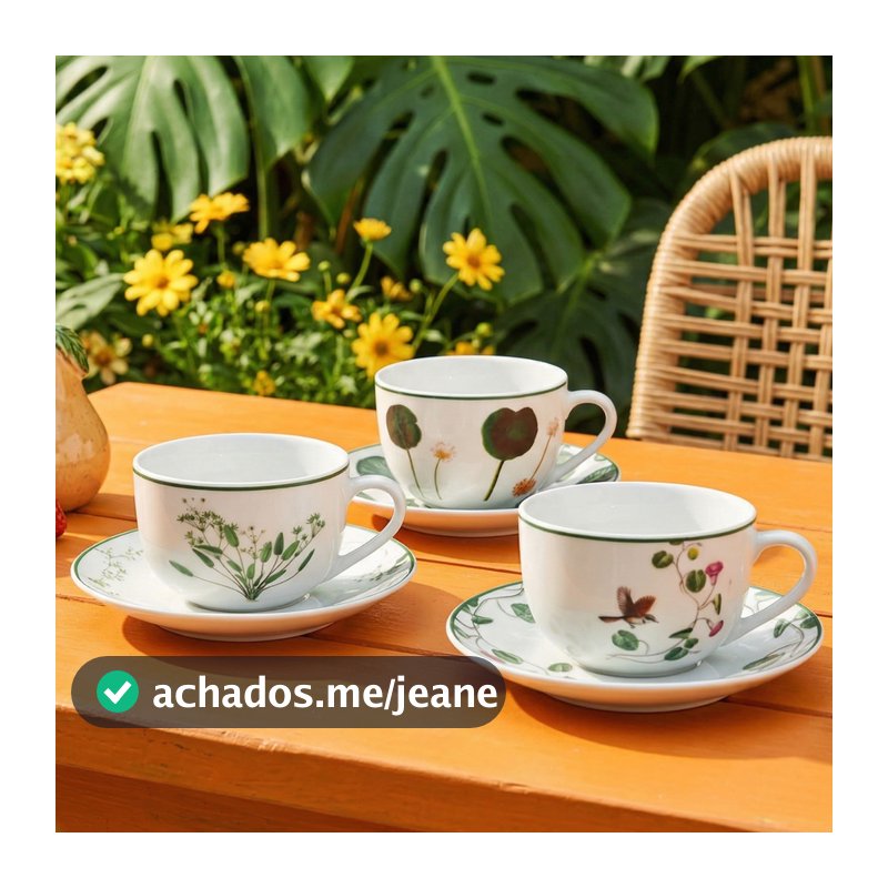 Jogo 6 Xícaras Chá com Pires Porcelana Natureza Viva Botânica Pássaros Luxo Mesa Posta Elegante