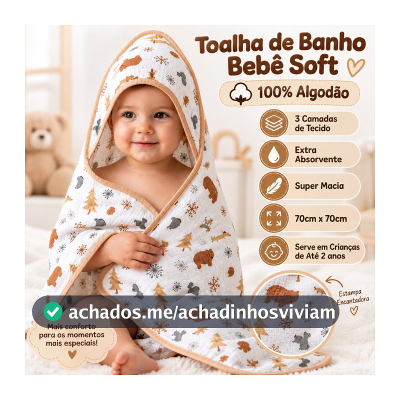 Toalha de Banho Bebe Fralda Soft com Capuz 100% Algodão Enxoval Menino Menina Neutro 3 camadas