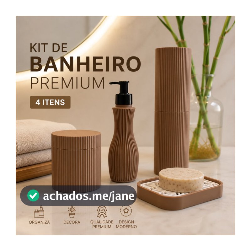 Kit de Banheiro Premium 4 Peças Ripado - Dispenser, Potes, Saboneteira e Organizador Decoração