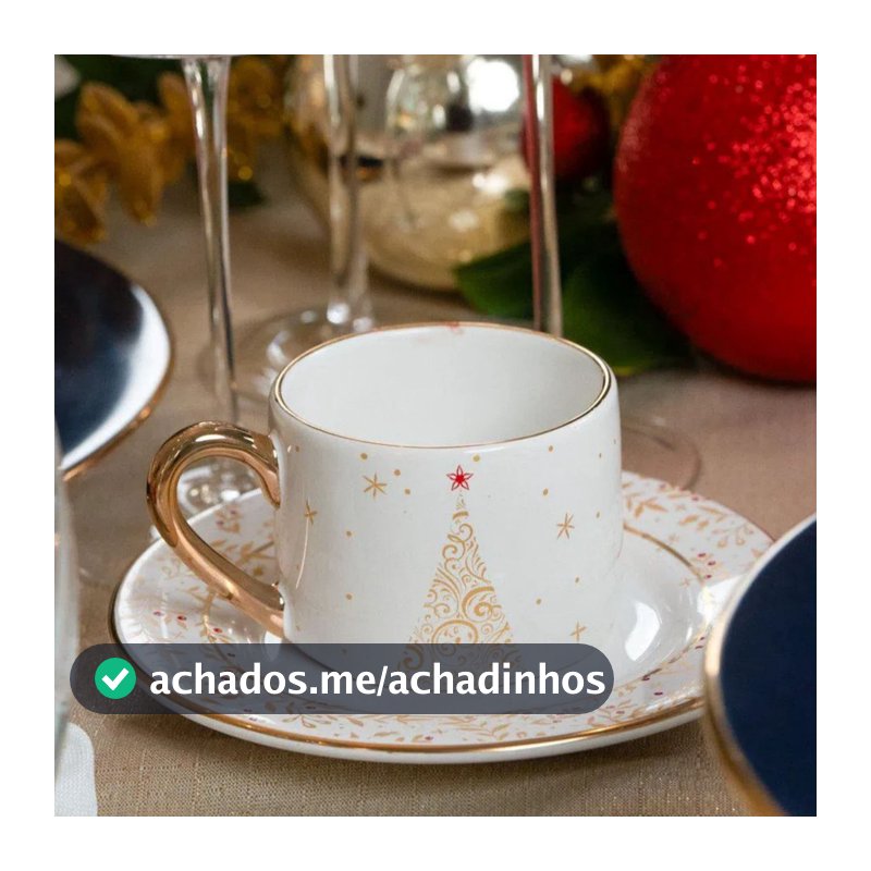 Conjunto de 6 Xícaras de Chá com Pires de Cerâmica Christmas Lights Branco 200ml - Scalla