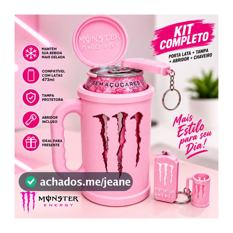 Kit Porta Lata Monster Energy 473ml- ROSA E BRANCO Completo com Tampa Protetora, Abridor e Chaveiro - Suporte Energético