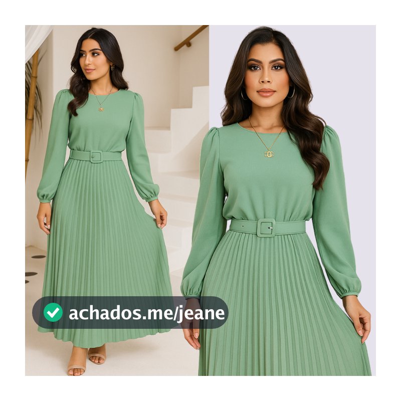 Vestido Evangélico Forrado Manga Longa Plissado Com Cinto Duna