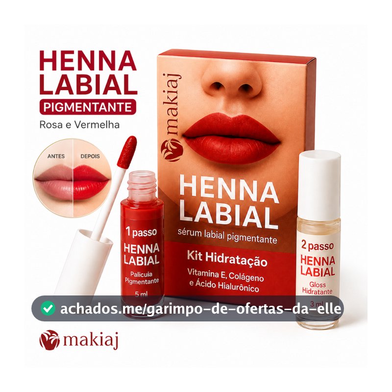 Henna Labial Pigmentante Makiaj Rosa e Vermelha Com Colágeno Ácido Hialurônico Gloss Hidratante Efeito Natural