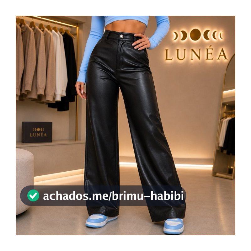 Calça Couro Feminina Pantalona Com Botão E Bolso Traseiro Wide Leg Couro Courino Cintura Alta Premium Modela Corpo
