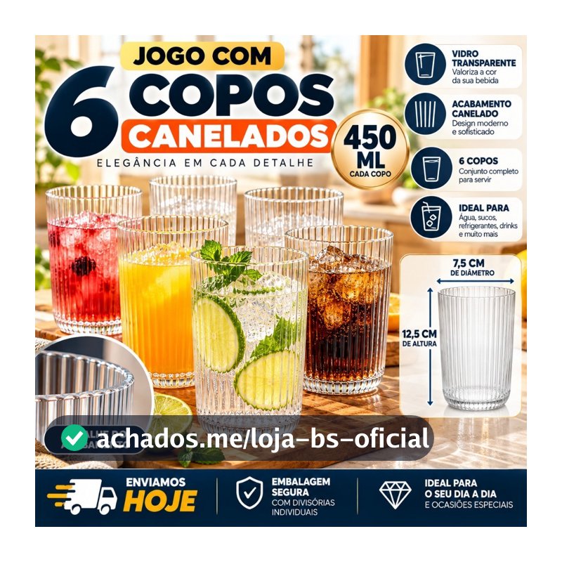 Jogo 6 Copos de Vidro Canelado Transparente 450ml ideal para Água Suco Refrigerante Drinks e Bebidas
