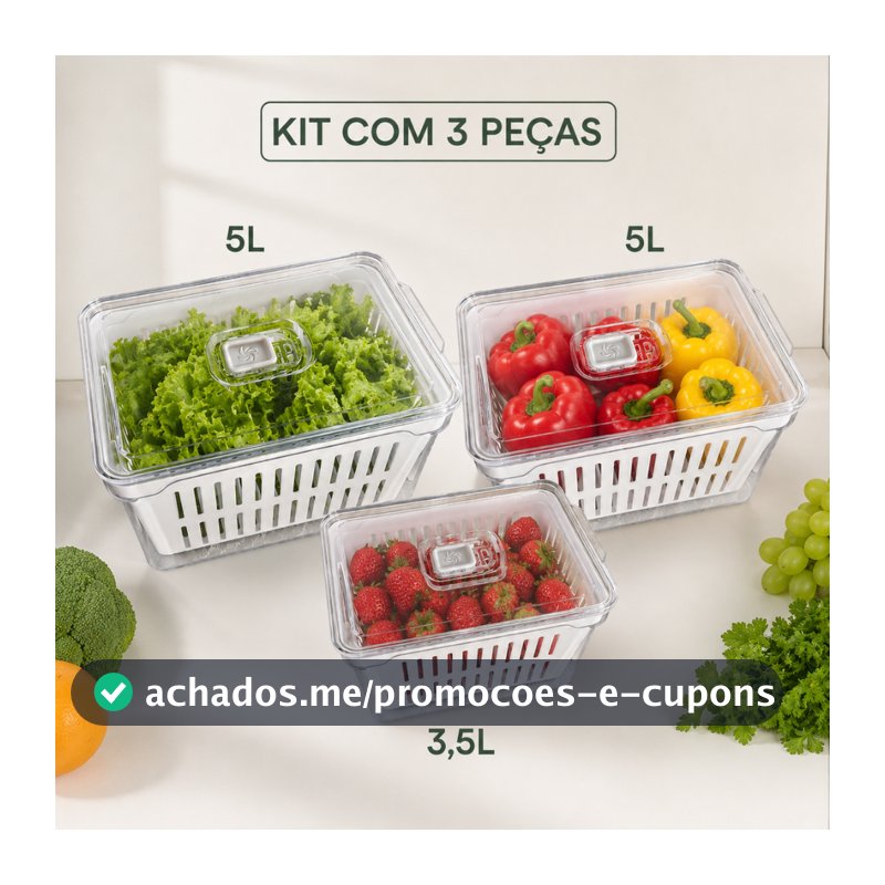 Kit Completo de Organizadores para Geladeira – 2 Unidades 5L + 1 Unidade 3,5L Acrílico