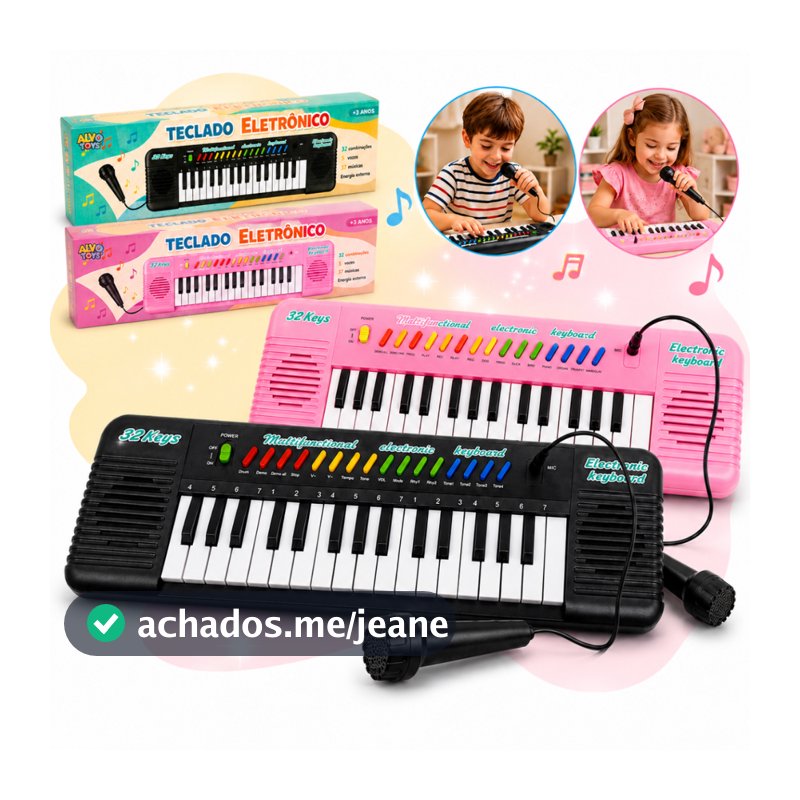 Teclado Piano Infantil com Microfone Brinquedo Musical 32 teclas meninos e meninas Preto e Rosa