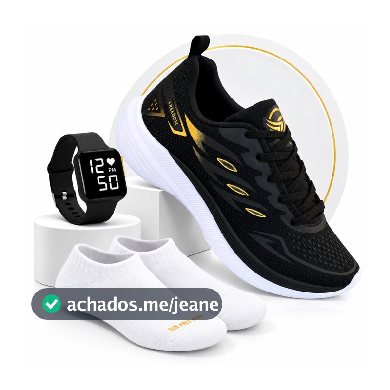 Kit Tenis Esportivo Masculino Macio Confortável + 1 Par de Meia Cano Baixo + 1 Relogio Digital