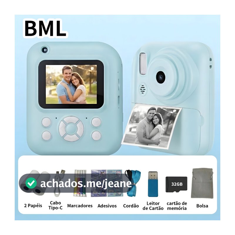 BML Câmera De Impressão Instantânea Infantil Vídeo Fotografia Digital HD Impressora Térmica com Cartão de 32GB-2.4“Tela