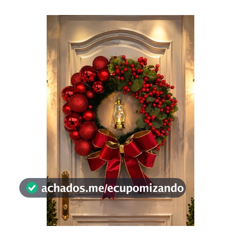 Guirlanda Natalina Luxo Luz de Natal 50cm com Lampião Iluminado, Laço e Bolas Vermelhas