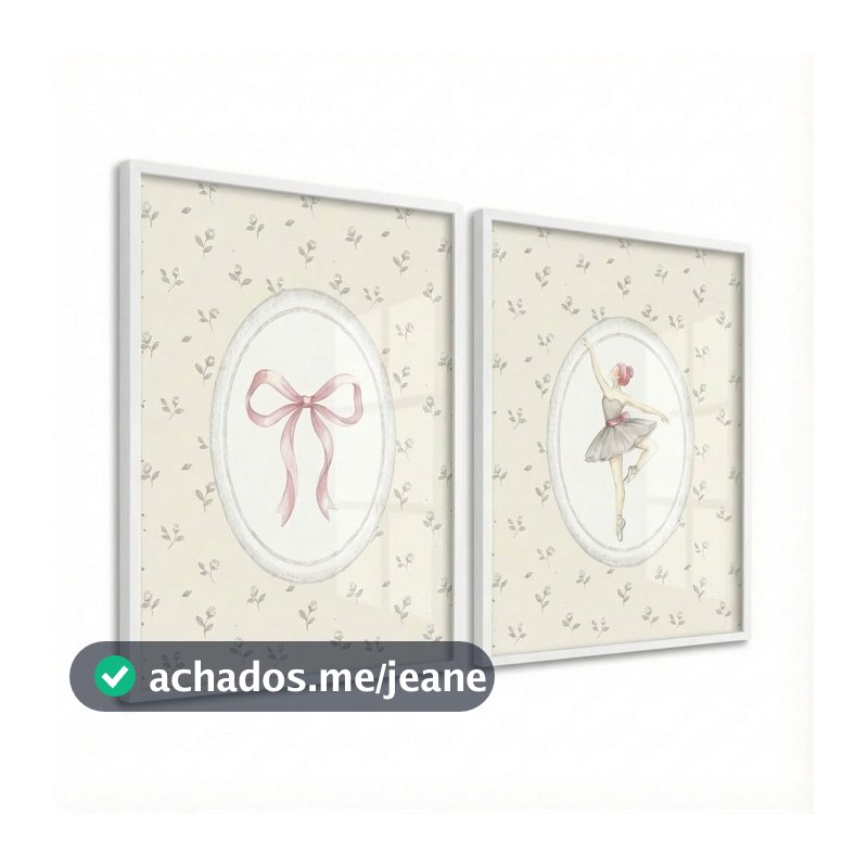 Kit 2 Quadros Infantil Clean Laço Bailarina Moldura e Vidro Quarto 33x43