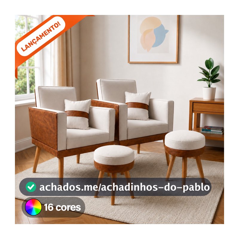 Kit 2 Poltrona Para Sala Decorativa Lis Almofada 2 Puff Redondo Corino Suede