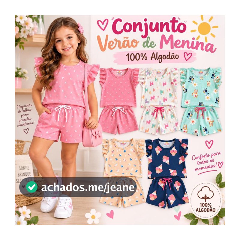 Conjunto Infantil Menina Verão Blusinha + Shorts 100% Algodão Tam 2 a 10 Anos