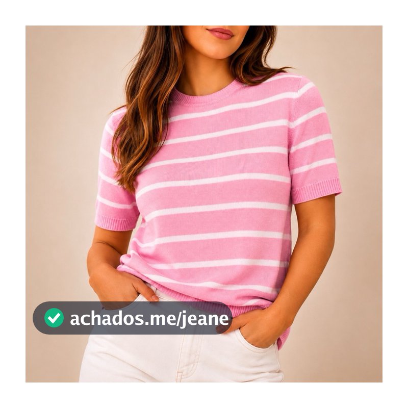Blusa Feminina Tricô Modal Listrada Manga Curta Gola Redonda Tamanho Único